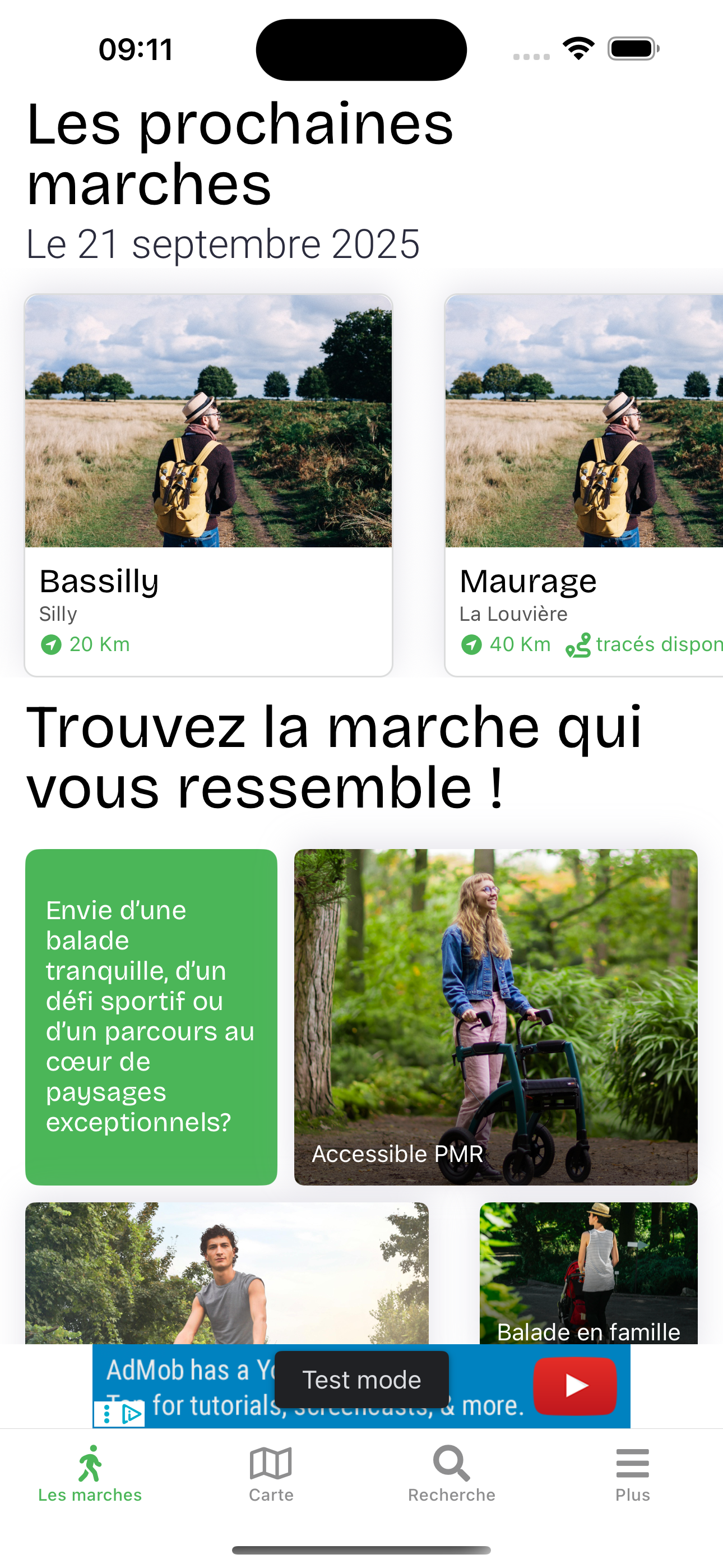 Écran d'accueil de l'application
